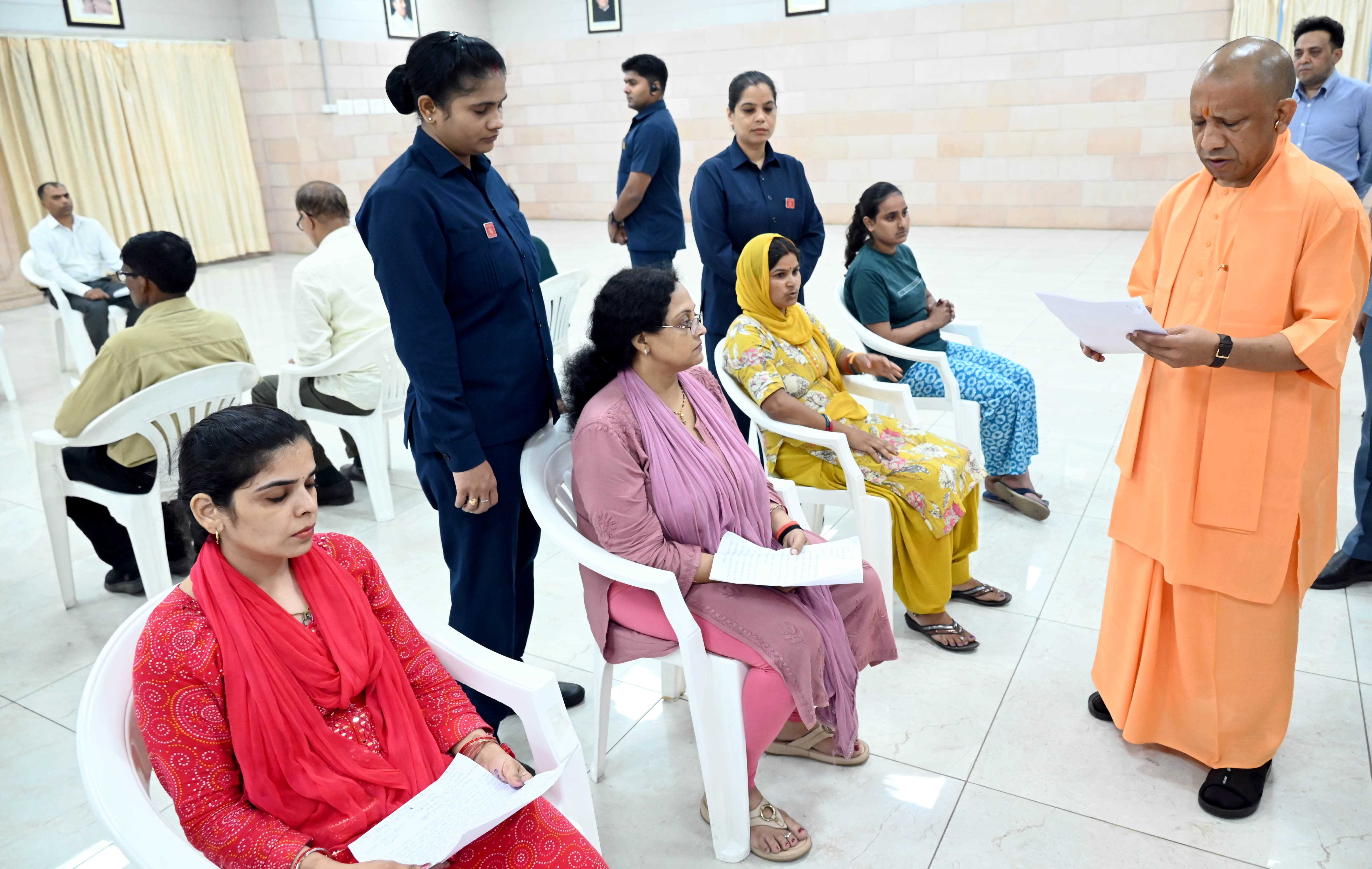Hon'ble Chief Minister Yogi Adityanath ji listening to the problems of the people in the Janta Darshan organized at his official residence 5-Kalidas Marg, Lucknow on June 29, 2026 and giving instructions to the concerned officials to resolve the public problems on priority basis.